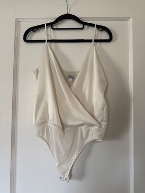 Express Ivory Satin Surplice Bodysuit